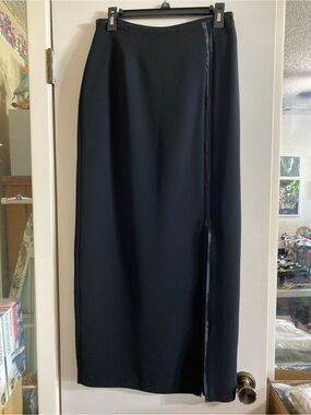 Joseph Ribkoff black maxi skirt , side slit with zipper satin trim